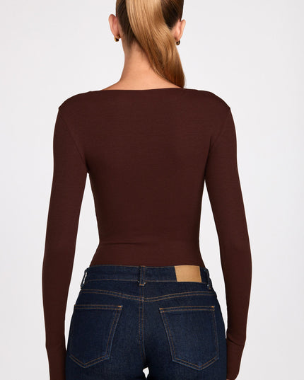 Chocolate Brown Ribbed Modal Ruched Long-Sleeve Top