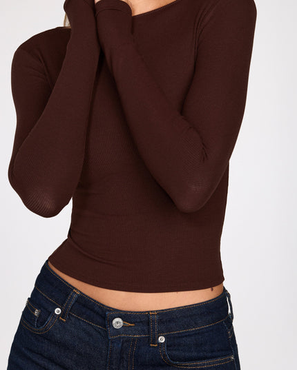 Chocolate Brown Ribbed Modal Ruched Long-Sleeve Top