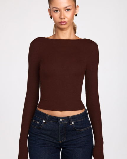 Chocolate Brown Ribbed Modal Ruched Long-Sleeve Top