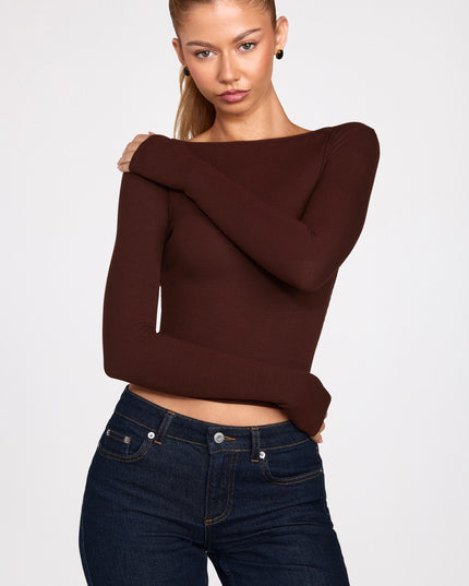 Chocolate Brown Ribbed Modal Ruched Long-Sleeve Top