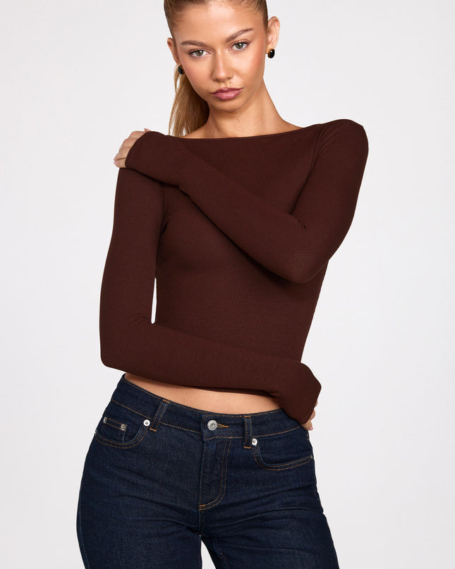Chocolate Brown Ribbed Modal Ruched Long-Sleeve Top