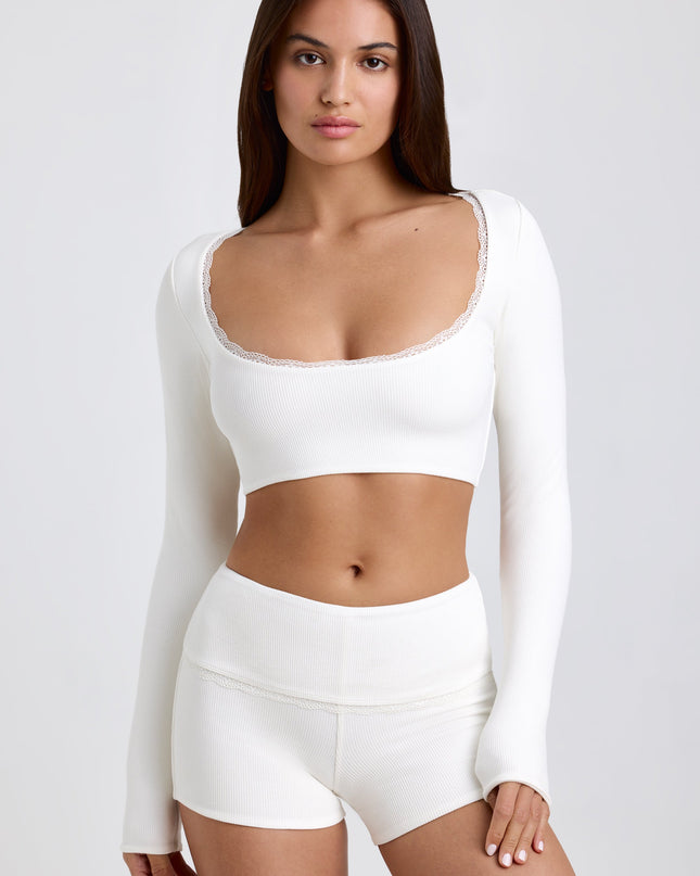 White Ribbed Modal Lace-Trim Crop Top