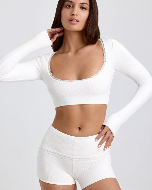 White Ribbed Modal Lace-Trim Crop Top