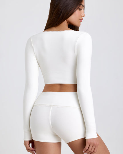 White Ribbed Modal Lace-Trim Crop Top