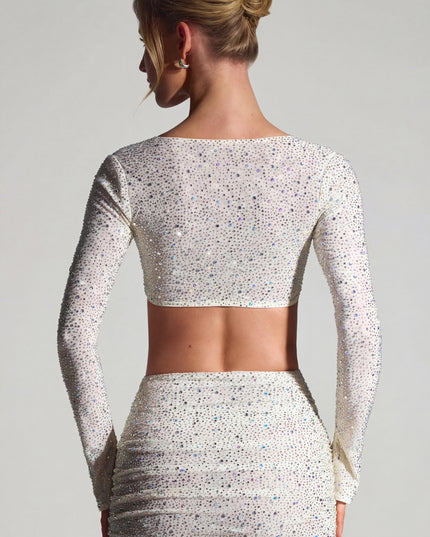 White Embellished Long-Sleeve Crop Top