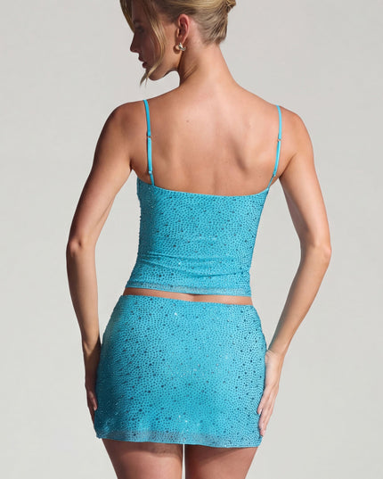 Aqua Blue Embellished Mid-Rise Micro Mini Skirt