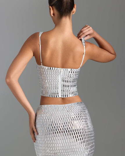 White Embellished Low-Rise Micro Mini Skirt