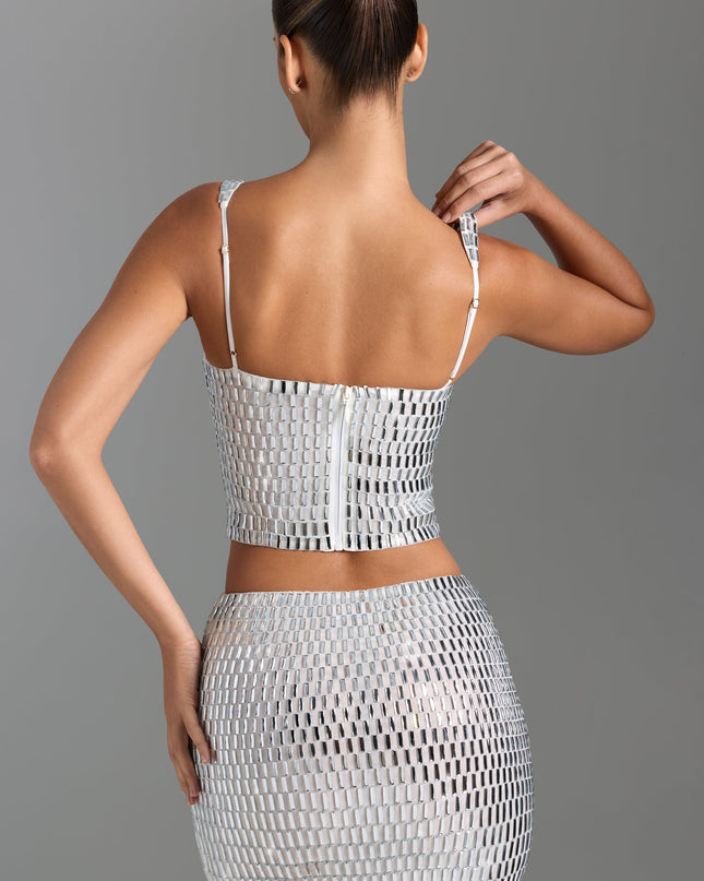 White Embellished Low-Rise Micro Mini Skirt