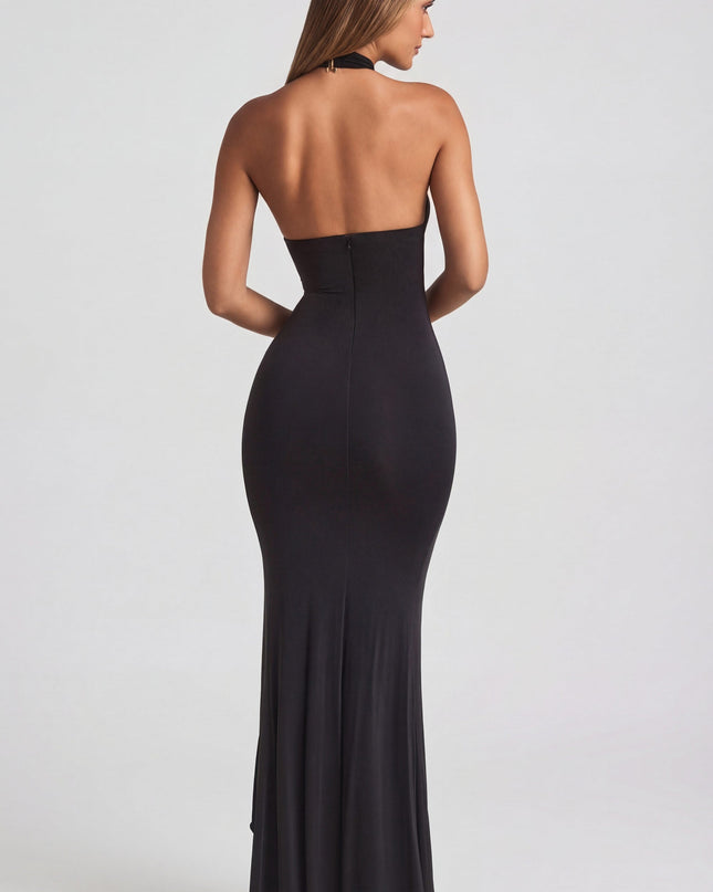 Black Ruffle-Trim Halterneck Gown