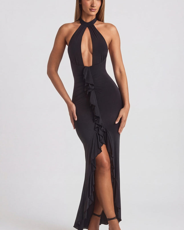 Black Ruffle-Trim Halterneck Gown