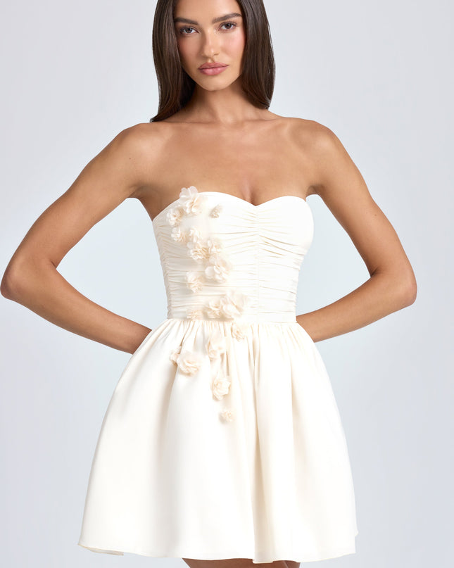 Ivory Bandeau Floral-Appliqué Corset Mini Dress