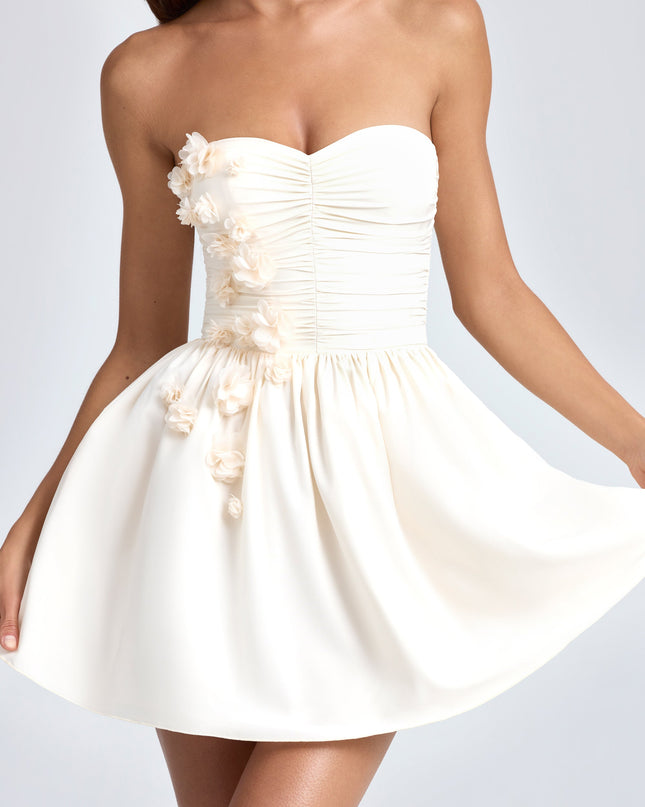 Ivory Bandeau Floral-Appliqué Corset Mini Dress