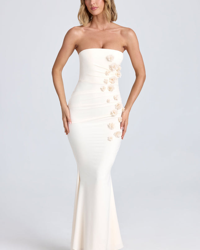 Ivory Draped Floral-Appliqué Maxi Dress