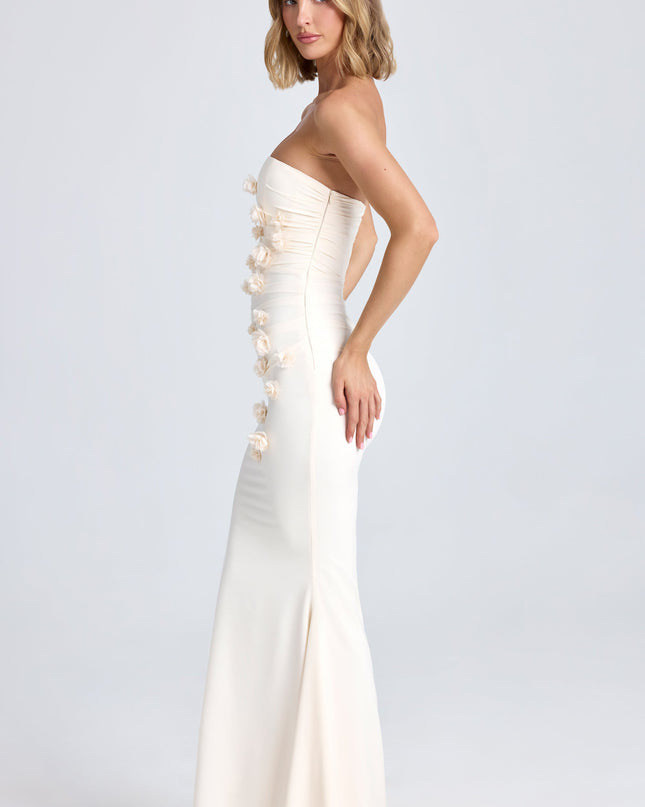 Ivory Draped Floral-Appliqué Maxi Dress