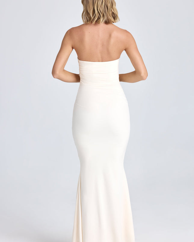 Ivory Draped Floral-Appliqué Maxi Dress