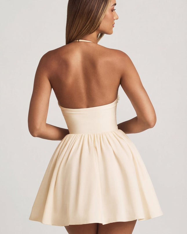 Ivory Halterneck Floral-Appliqué Corset Mini Dress