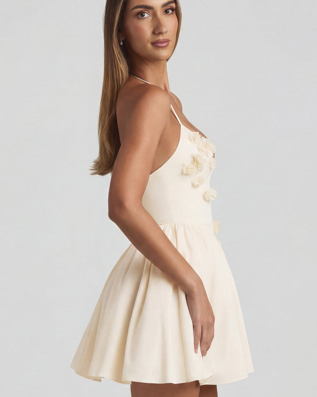 Ivory Halterneck Floral-Appliqué Corset Mini Dress