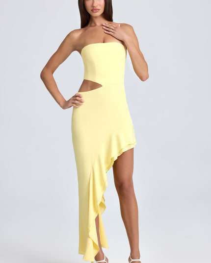 Lemon Sherbet Bandeau Cut-Out Ruffle-Trim Maxi Dress