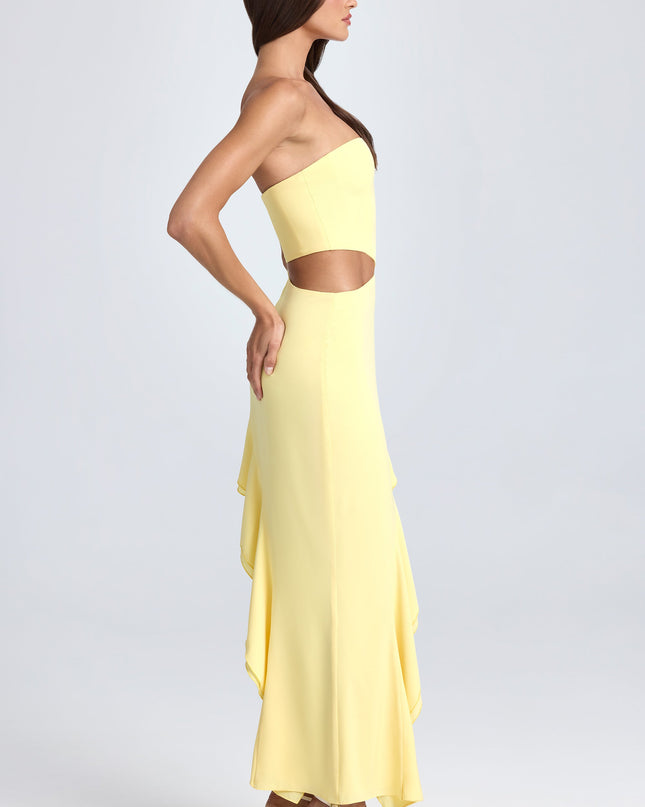 Lemon Sherbet Bandeau Cut-Out Ruffle-Trim Maxi Dress