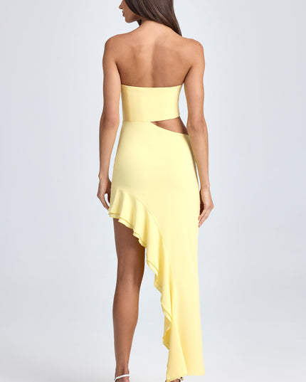 Lemon Sherbet Bandeau Cut-Out Ruffle-Trim Maxi Dress