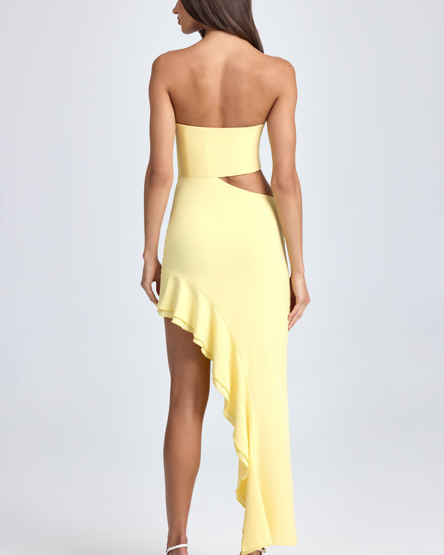Lemon Sherbet Bandeau Cut-Out Ruffle-Trim Maxi Dress