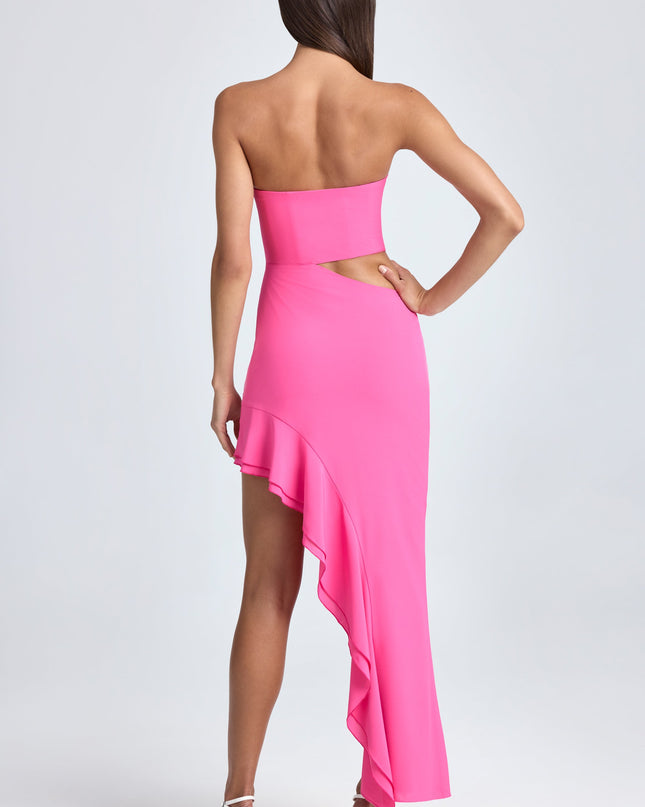 Lollipop Pink Bandeau Cut-Out Ruffle-Trim Maxi Dress