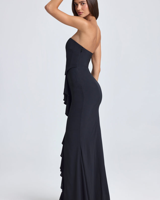 Black Bandeau Ruffle-Trim Corset Gown