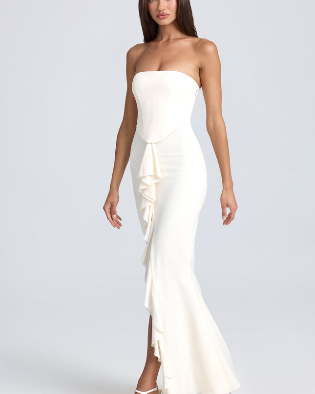 Ivory Bandeau Ruffle-Trim Corset Gown