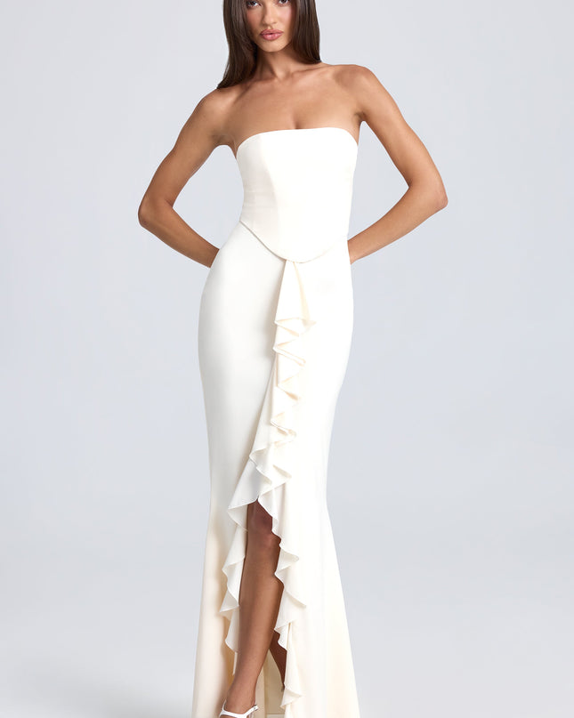 Ivory Bandeau Ruffle-Trim Corset Gown