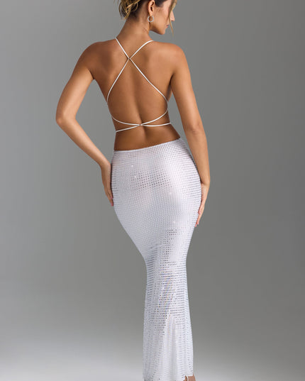 White Embellished Cut-Out Backless Maxi Dress