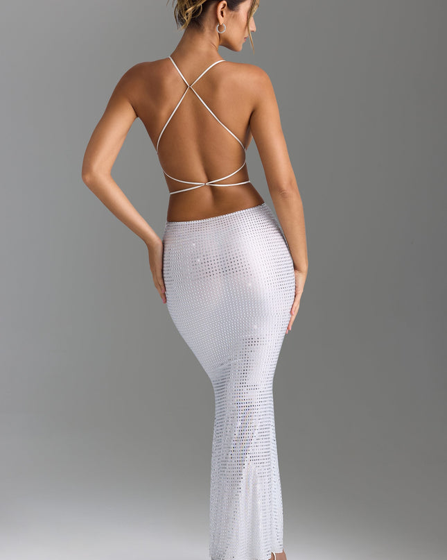 White Embellished Cut-Out Backless Maxi Dress