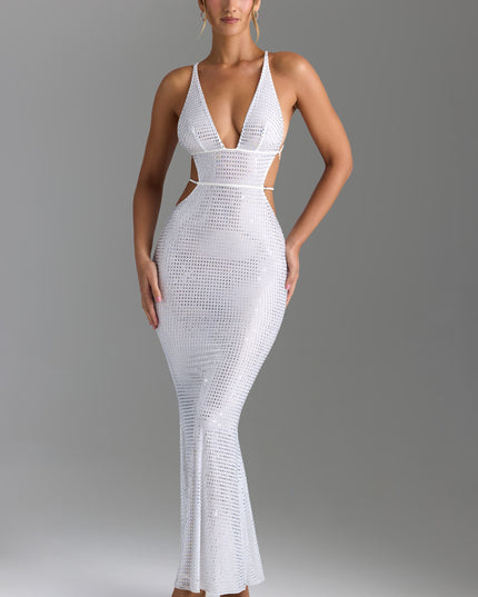 White Embellished Cut-Out Backless Maxi Dress