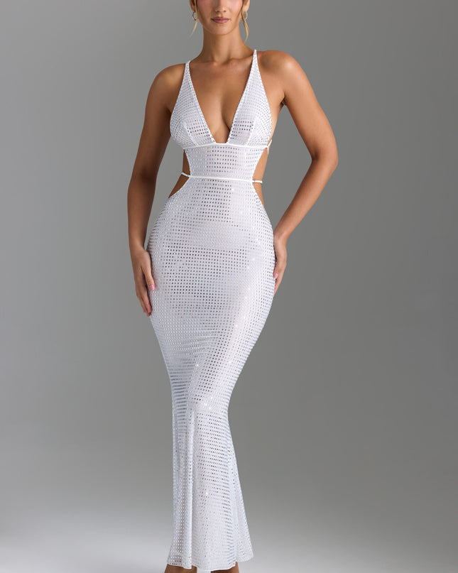White Embellished Cut-Out Backless Maxi Dress