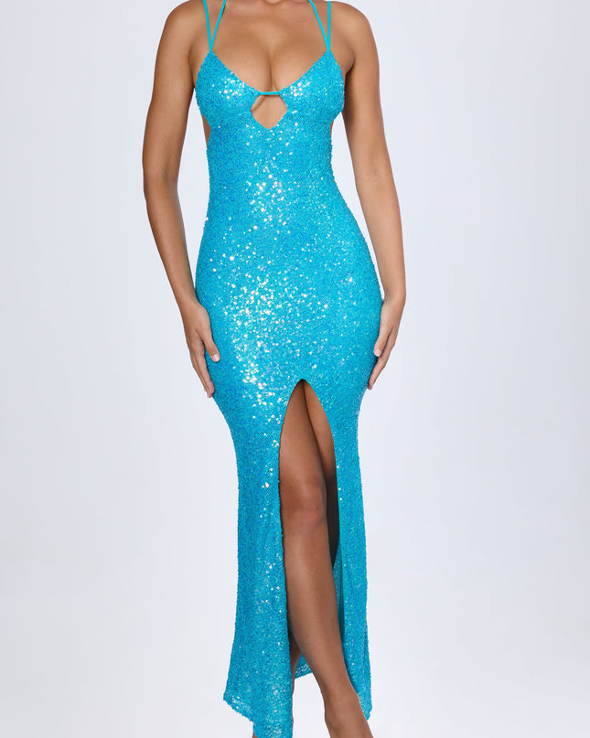 Turquoise Embellished Cut-Out Halterneck Maxi Dress