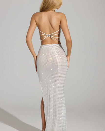 White Embellished V-Waist Thigh-Split Maxi Skirt