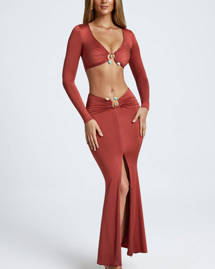 Auburn Brown Hardware Detail Fishtail Maxi Skirt