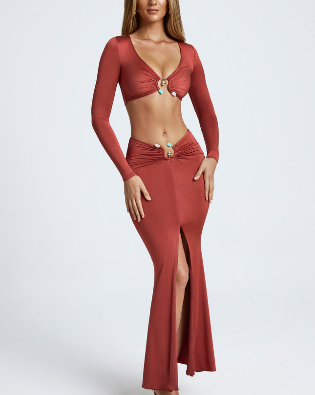 Auburn Brown Hardware Detail Fishtail Maxi Skirt