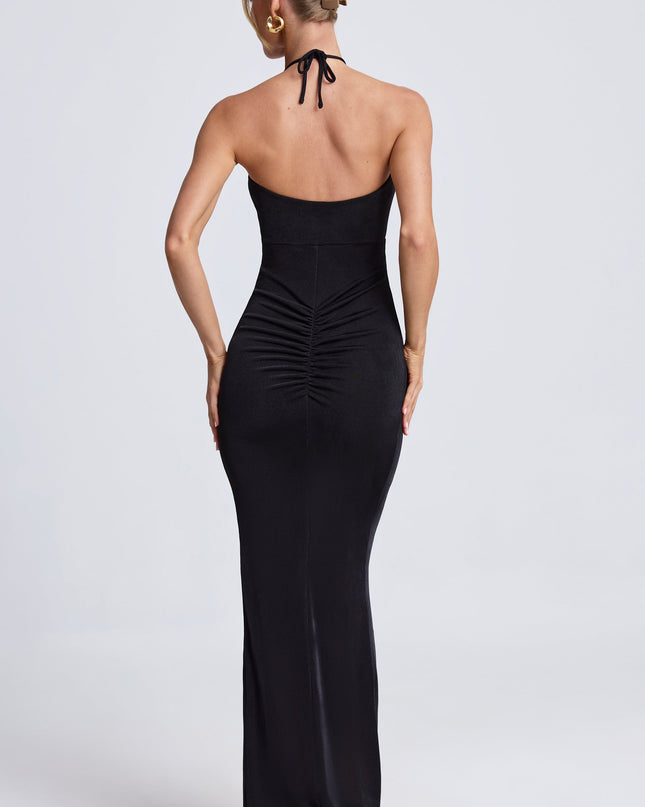 Black Hardware Detail Cut-Out Halterneck Maxi Dress