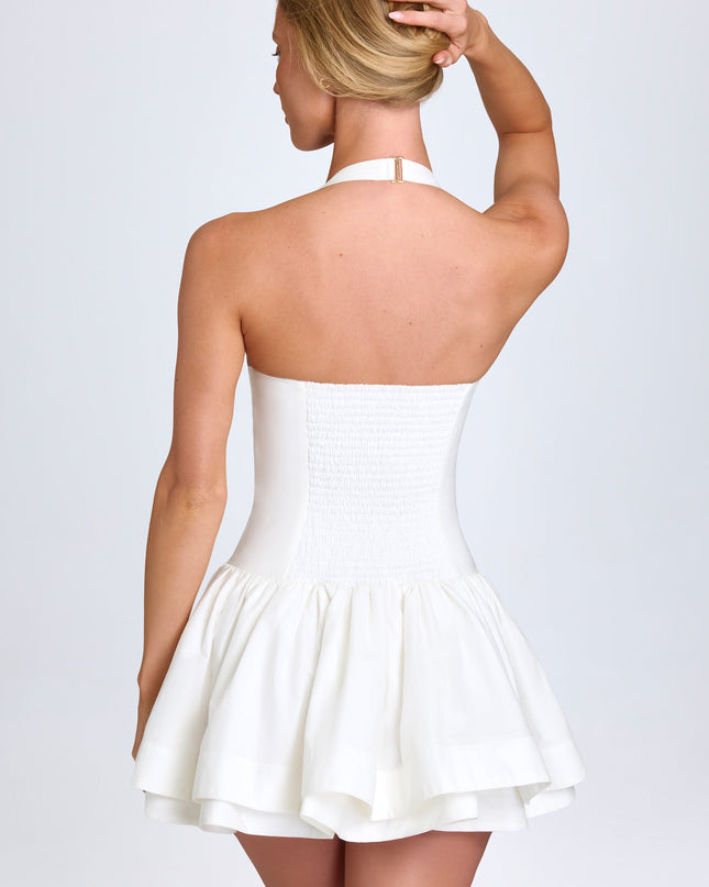 White Ruched Halterneck Mini Dress