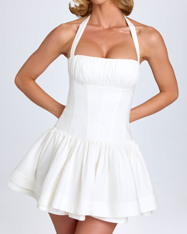 White Ruched Halterneck Mini Dress