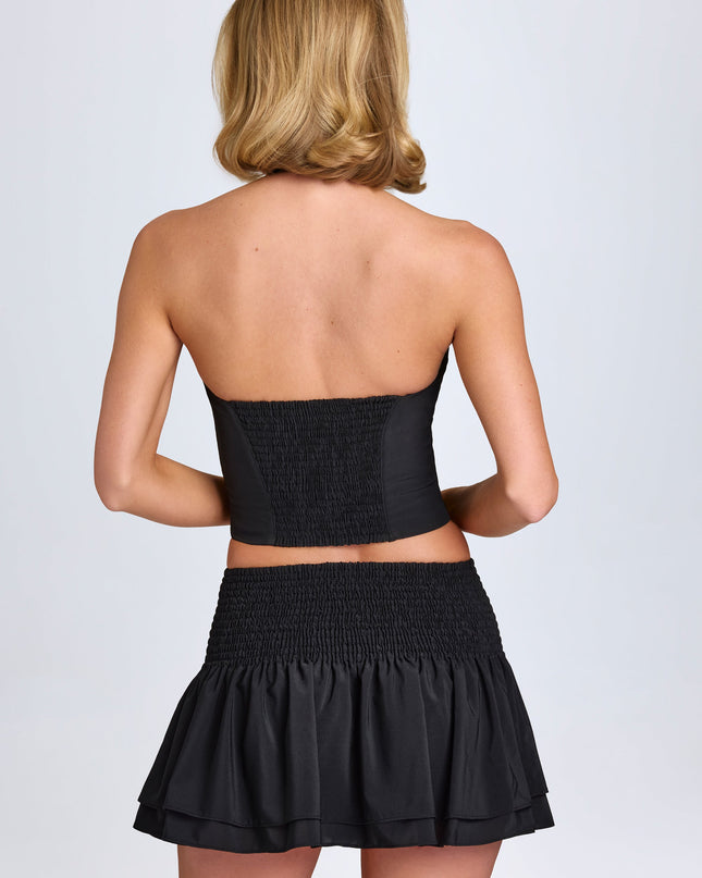 Black Ruffled Shirred Low-Rise Micro Mini Skirt