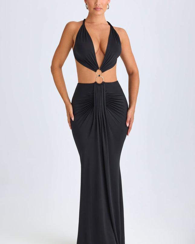 Black Hardware Detail Cut-Out Halterneck Maxi Dress