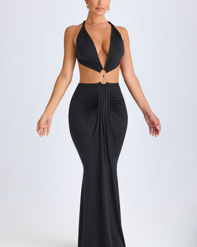 Black Hardware Detail Cut-Out Halterneck Maxi Dress