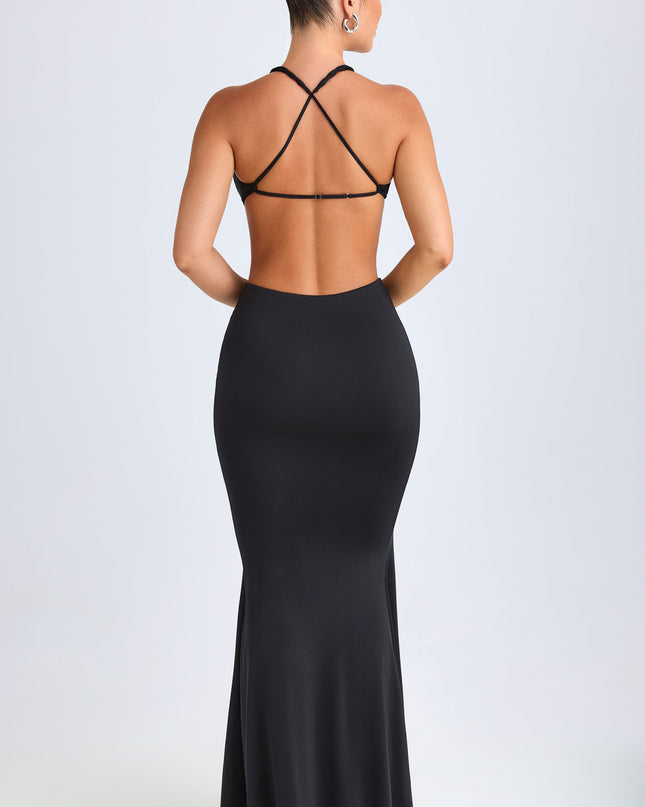 Black Hardware Detail Cut-Out Halterneck Maxi Dress