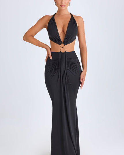 Black Hardware Detail Cut-Out Halterneck Maxi Dress