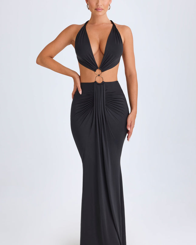 Black Hardware Detail Cut-Out Halterneck Maxi Dress