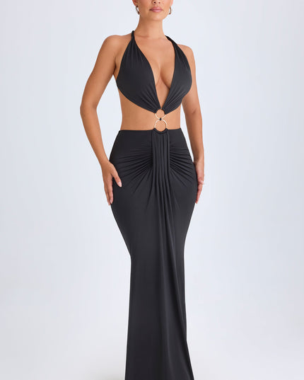 Black Hardware Detail Cut-Out Halterneck Maxi Dress