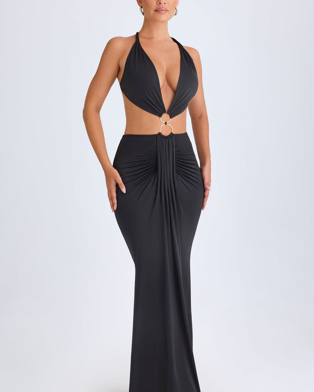 Black Hardware Detail Cut-Out Halterneck Maxi Dress