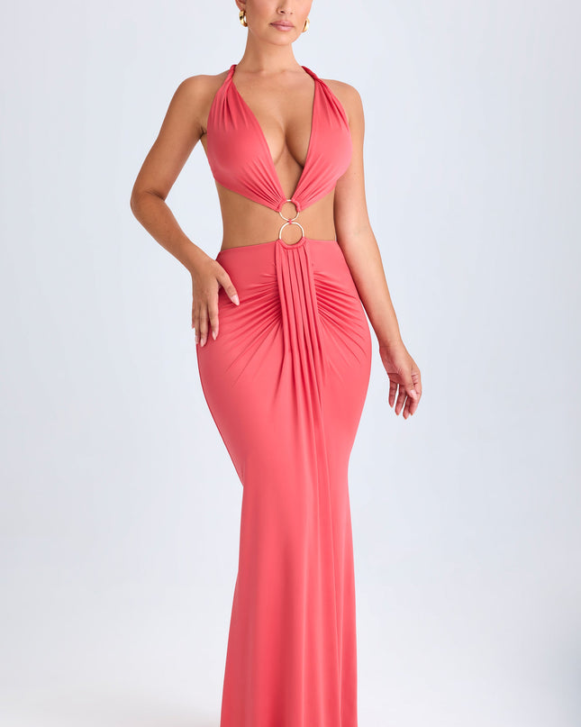 Coral Hardware Detail Cut-Out Halterneck Maxi Dress