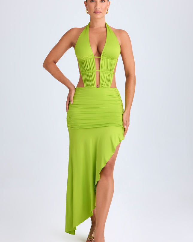 Lime Green Asymmetric Cut-Out Halterneck Midaxi Dress